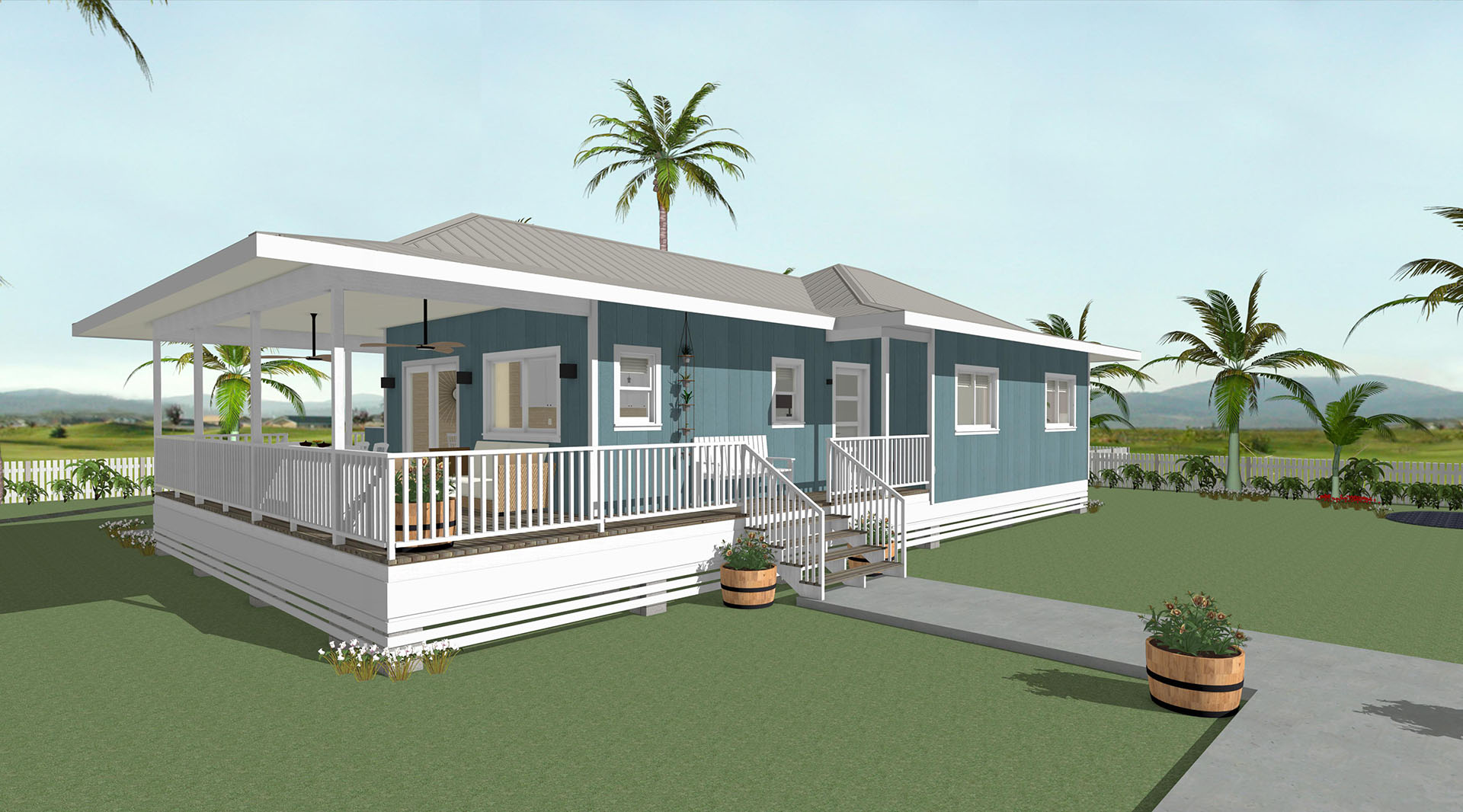 The left side view of the blue house