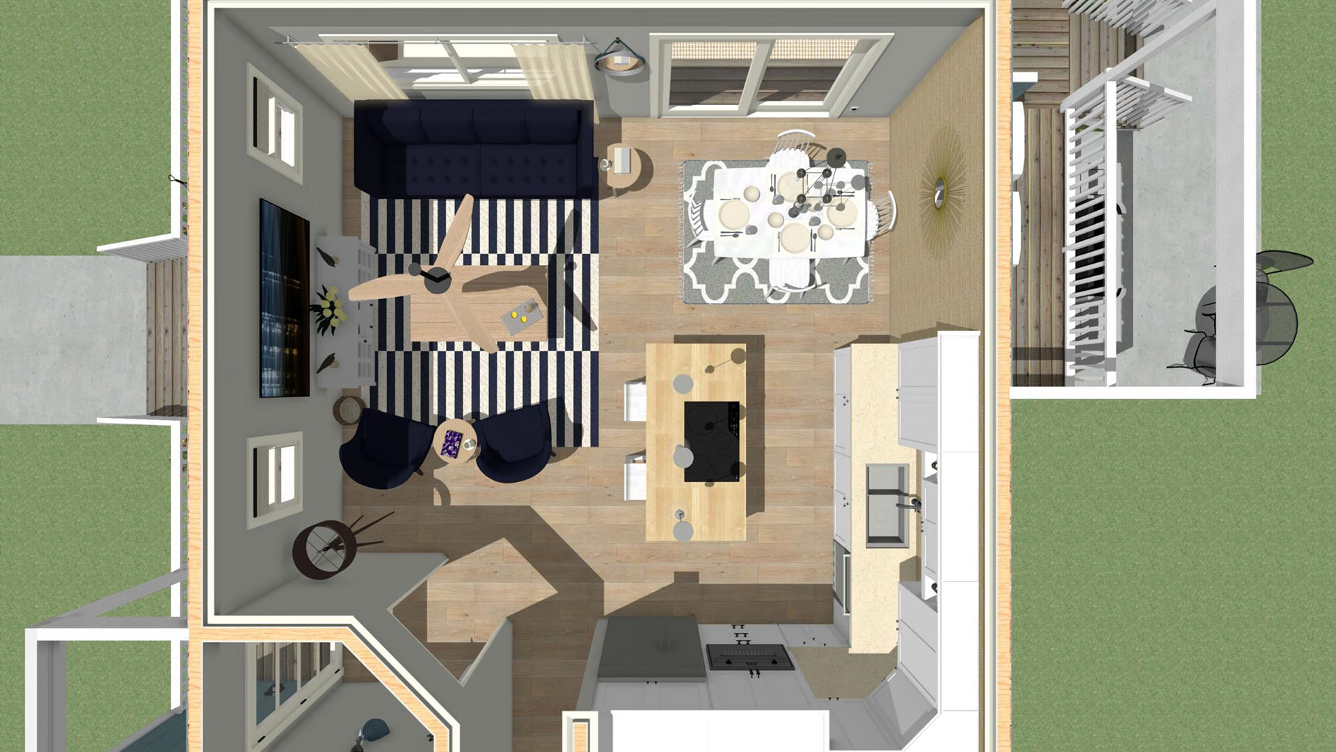 Aerial view of the living room and kitchen