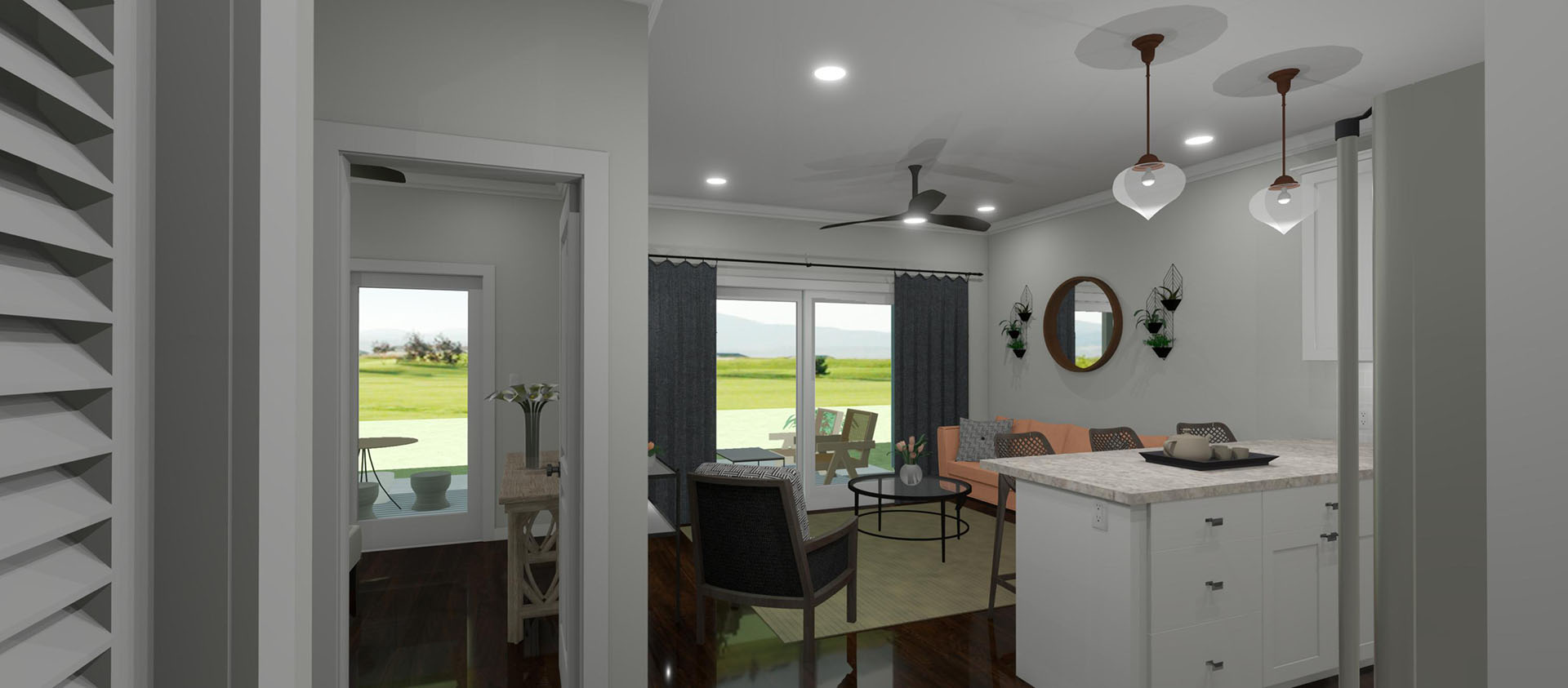Kitchen with white cabinets, white marble counter, and a small living room