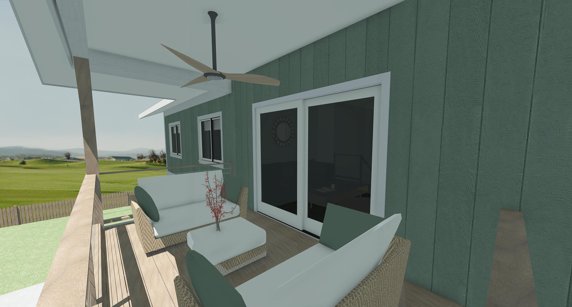 Outside porch of a light green painted house. Porch has two white outdoor sofas and a coffee table.