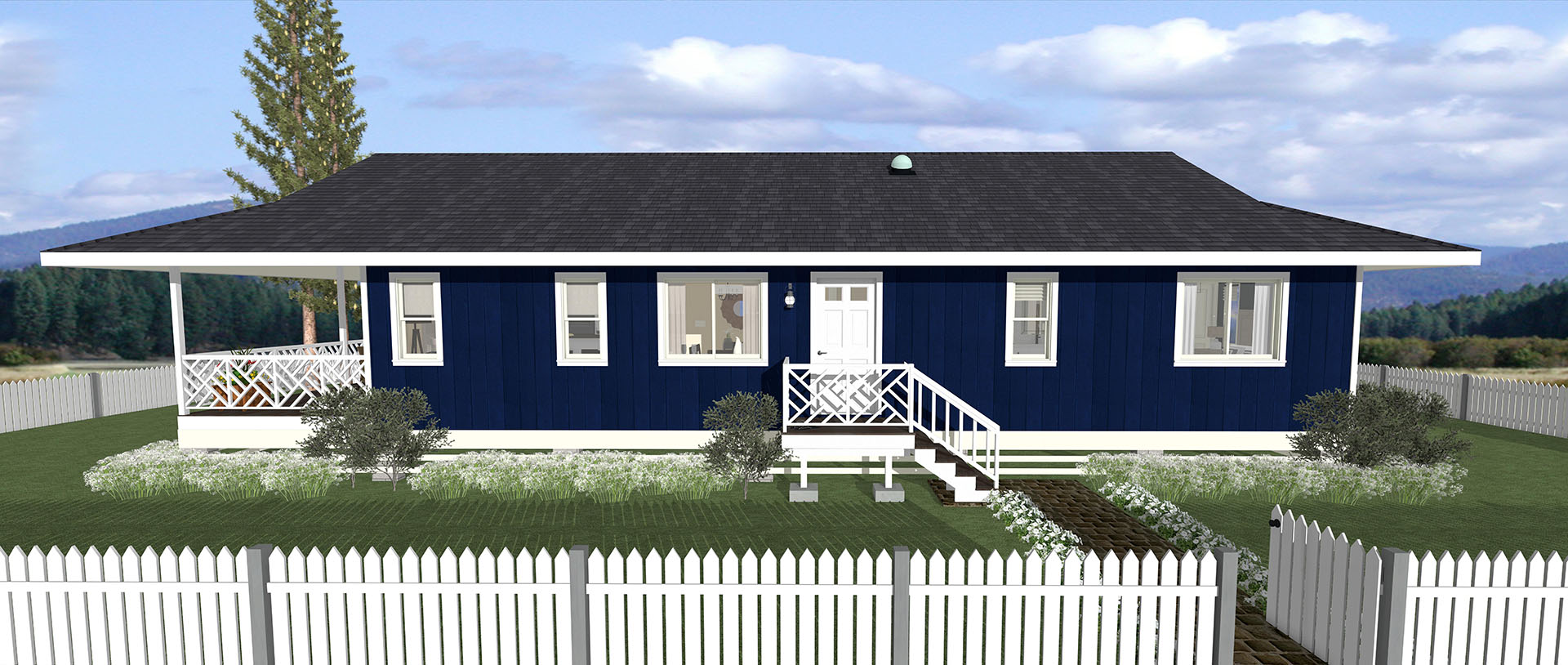 Front view of a blue house