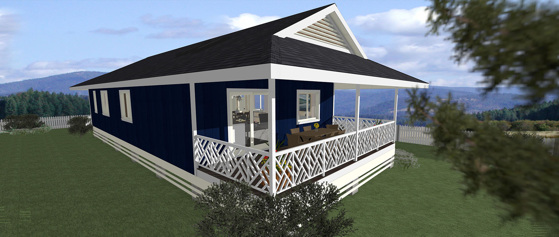 Outside side view of a blue house and patio